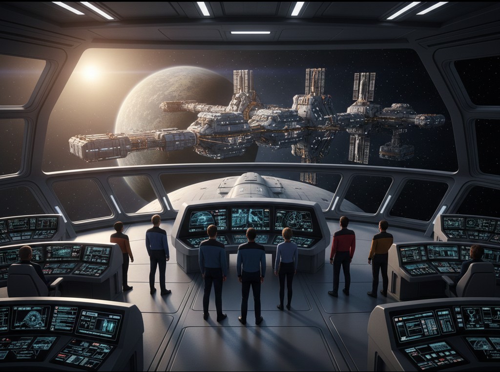 An original sci‑fi narrative inspired by two images of a massive orbital space station and its command center, capturing humanity’s pause before crossing into the unknown.