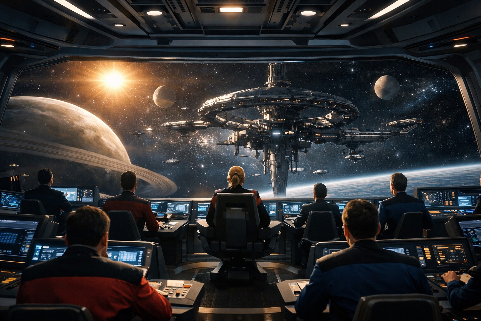 Command Crew Overlooking the Orbital Citadel and Ringed Gas Giant from the Bridge