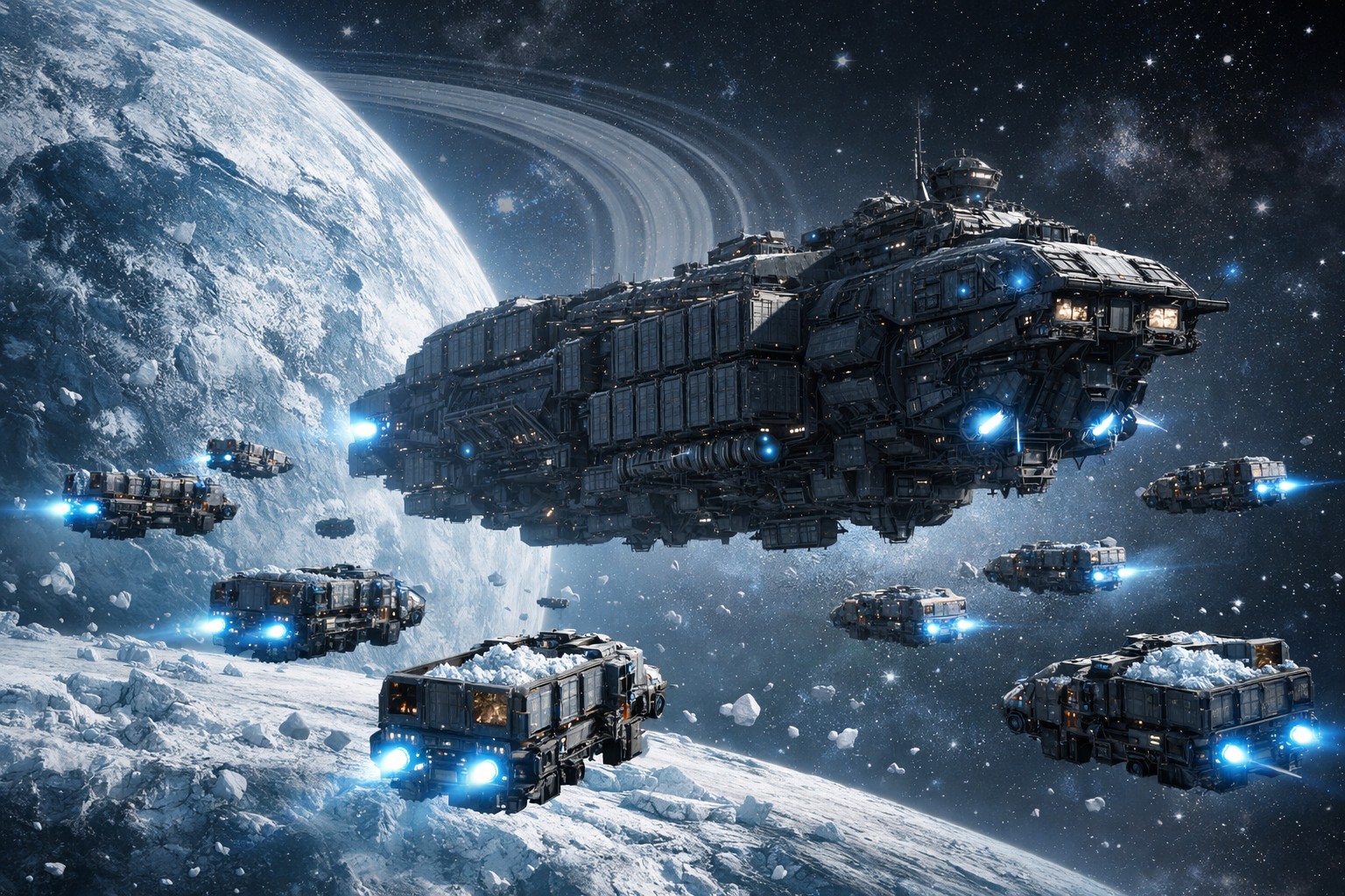 Sci-fi cargo saga: Small spaceship trucks ferry mined ore from icy exoplanet to massive freighter in orbit—headed to Earth! Cockpit docking & convoy views over rings. Epic supply run render.