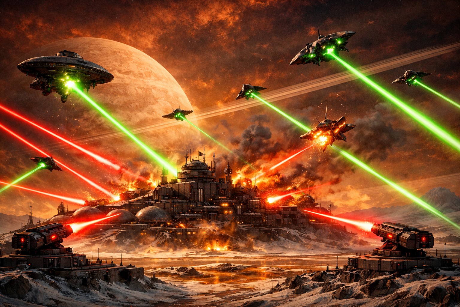 Alien Onslaught on Titan: UFO Swarm Lasers Human Methane Base in Fiery Orbital Assault