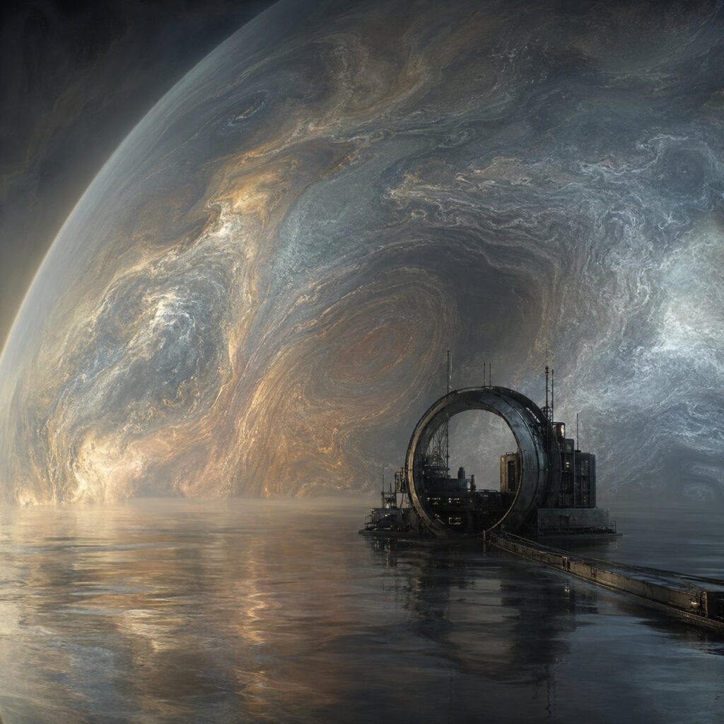 Atmospheric sci-fi landscape inspired by Solaris, featuring a vast swirling alien planet looming over a reflective ocean-like surface and a solitary futuristic space structure, evoking mystery, isolation, and cosmic wonder.