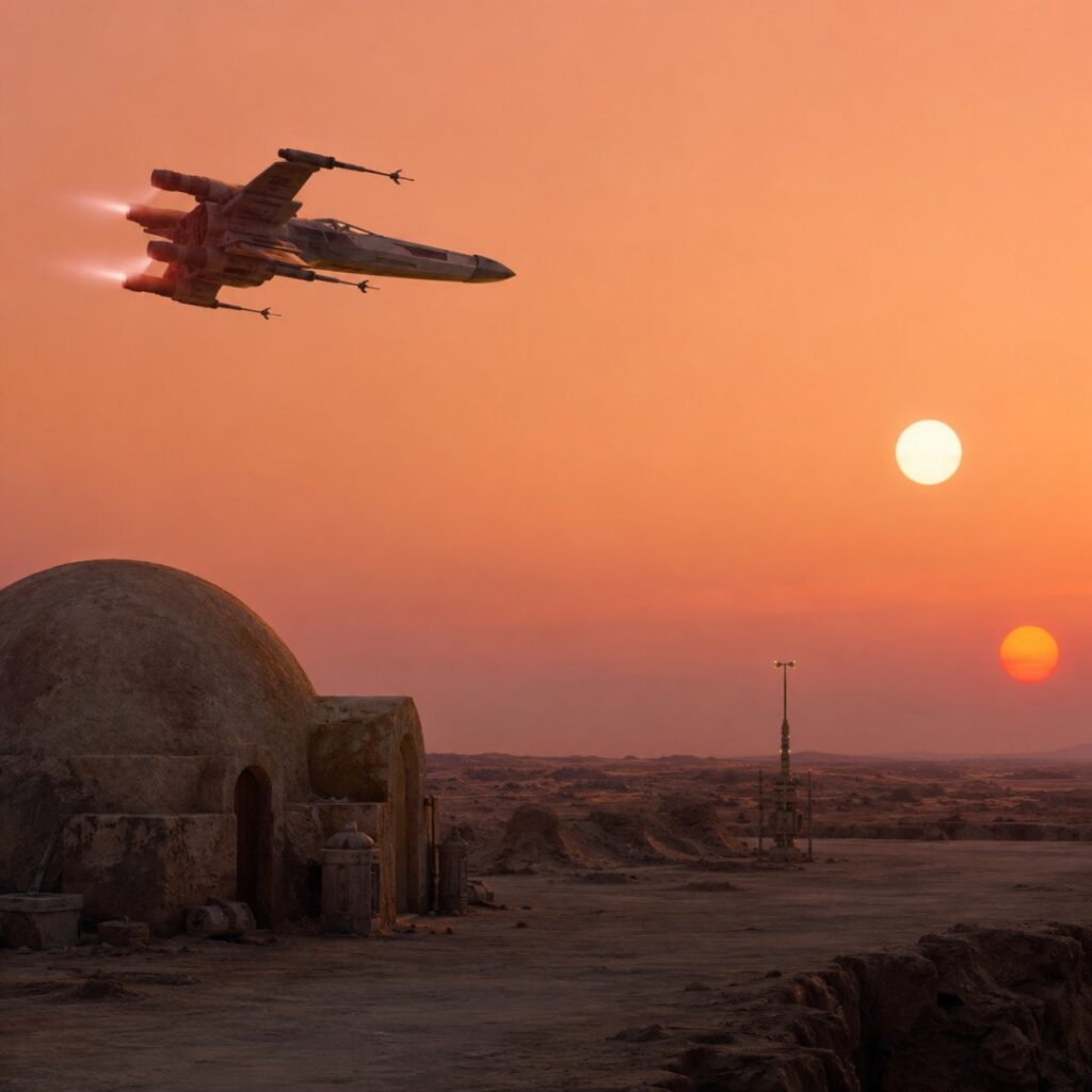 Featured image inspired by Star Wars Episode IV – A New Hope, showing a remote desert planet with twin suns on the horizon, a humble moisture farm, and a rebel starfighter crossing the sky, capturing the film’s themes of adventure, destiny, and the beginning of a galactic rebellion.